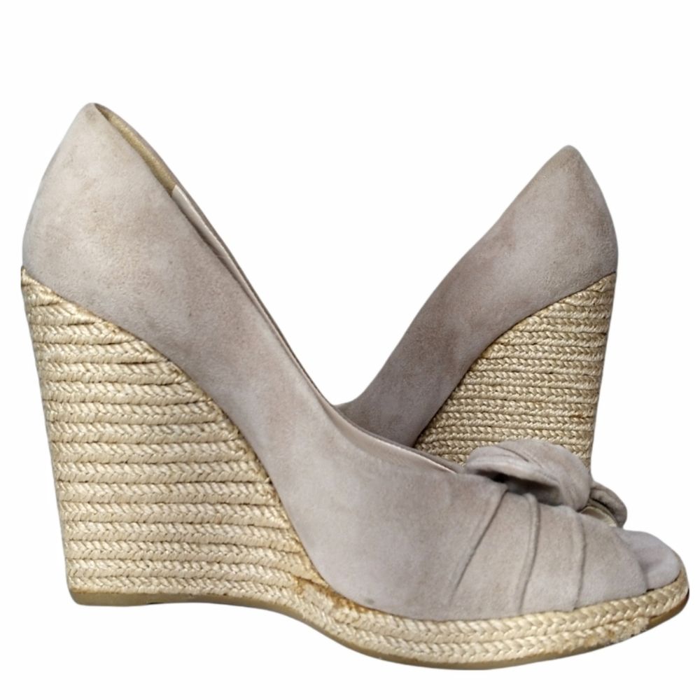 PRADA Suede Nude Espadrille Peep Square Toe Wedges Platform Sandals Shoes Size 8 - Picture 4 of 16